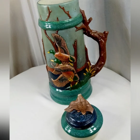 Hand Painted Mallard Duck Wildlife Scene Ceramic Stein Tankard With Lid